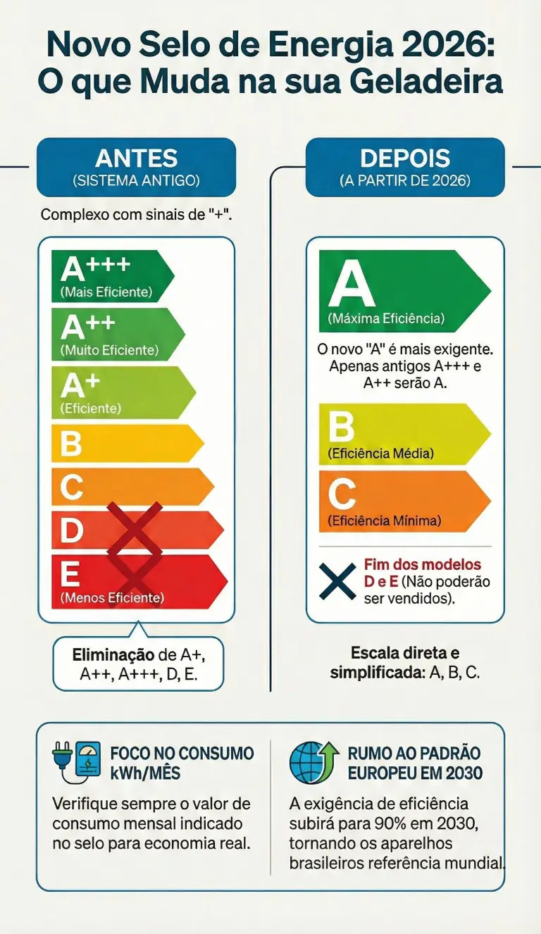Infográfico comparativo entre o selo de eficiência energética antigo do Inmetro e o novo selo de 2026 para geladeiras, mostrando a transição para a escala simplificada A, B e C.